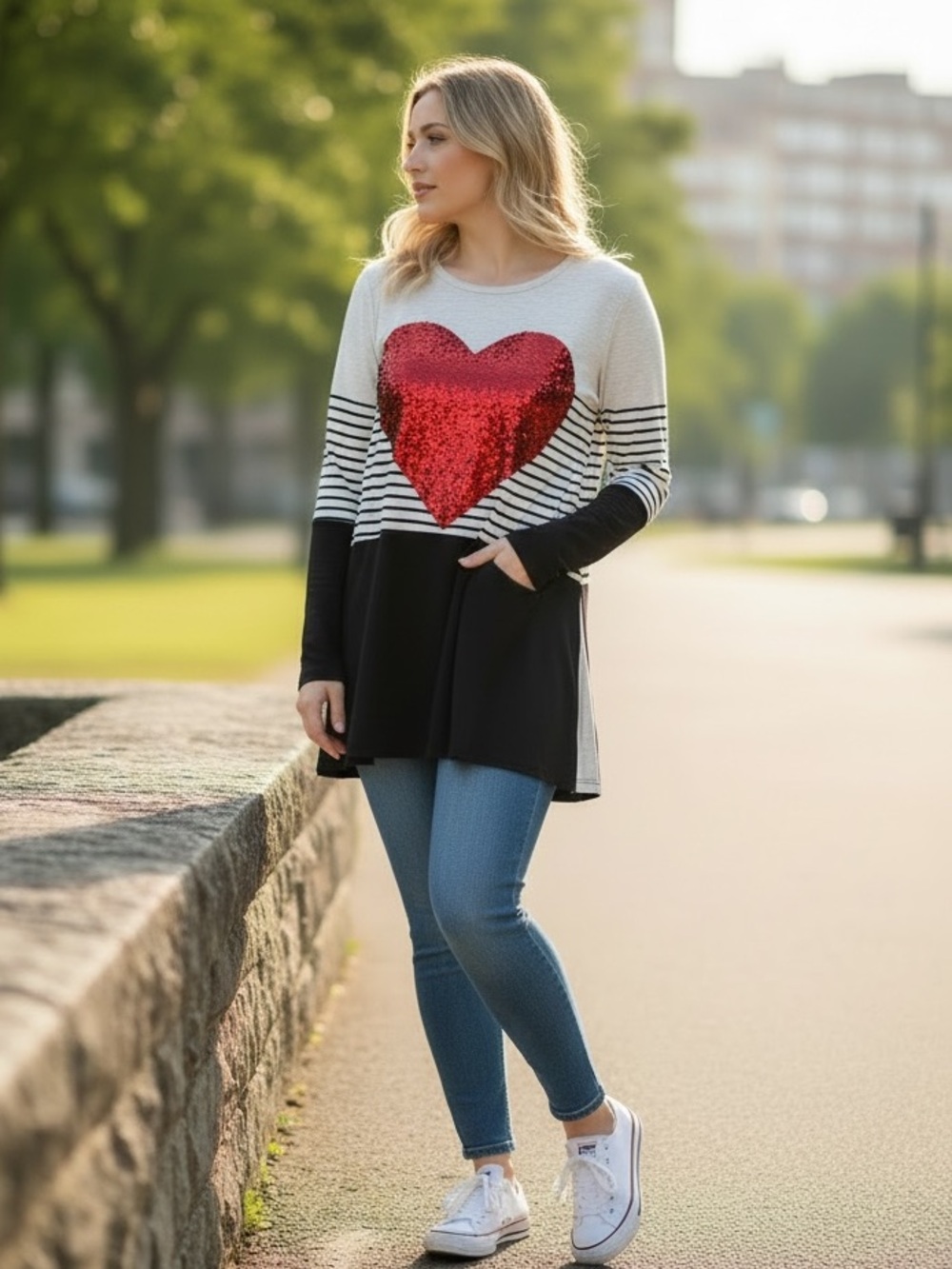Sequin Heart Top Size Large | Statement Graphic Shirt | Cute Casual Sparkle Tee - Picture 2 of 5